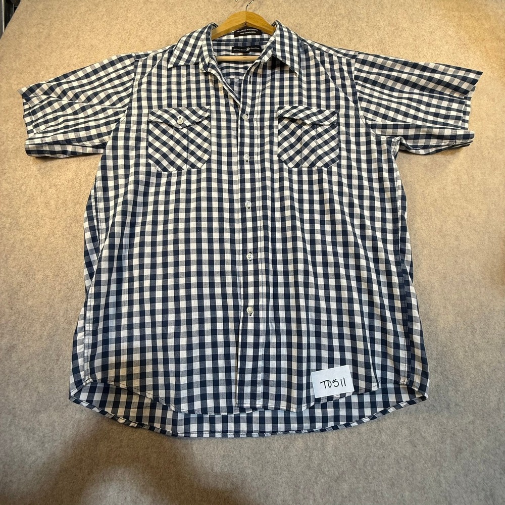 Beverly Hills Polo Club Men XL Blue White Gingham Short Sleeve Button Down Shirt